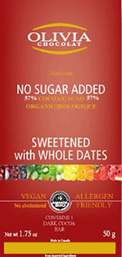 Sweetened with whole dates 57% (Olivia chocolat)